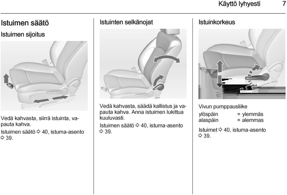 Vedä kahvasta, säädä kallistus ja vapauta kahva. Anna istuimen lukittua kuuluvasti.