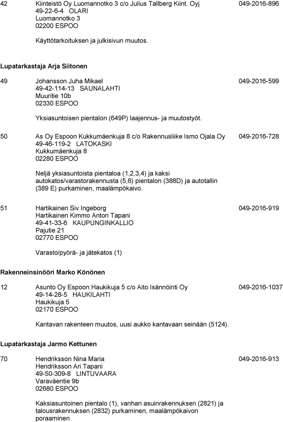 50 As Oy Espoon Kukkumäenkuja 8 c/o Rakennusliike Ismo Ojala Oy 49-46-119-2 LATOKASKI Kukkumäenkuja 8 02280 ESPOO 049-2016-728 Neljä yksiasuntoista pientaloa (1,2,3,4) ja kaksi