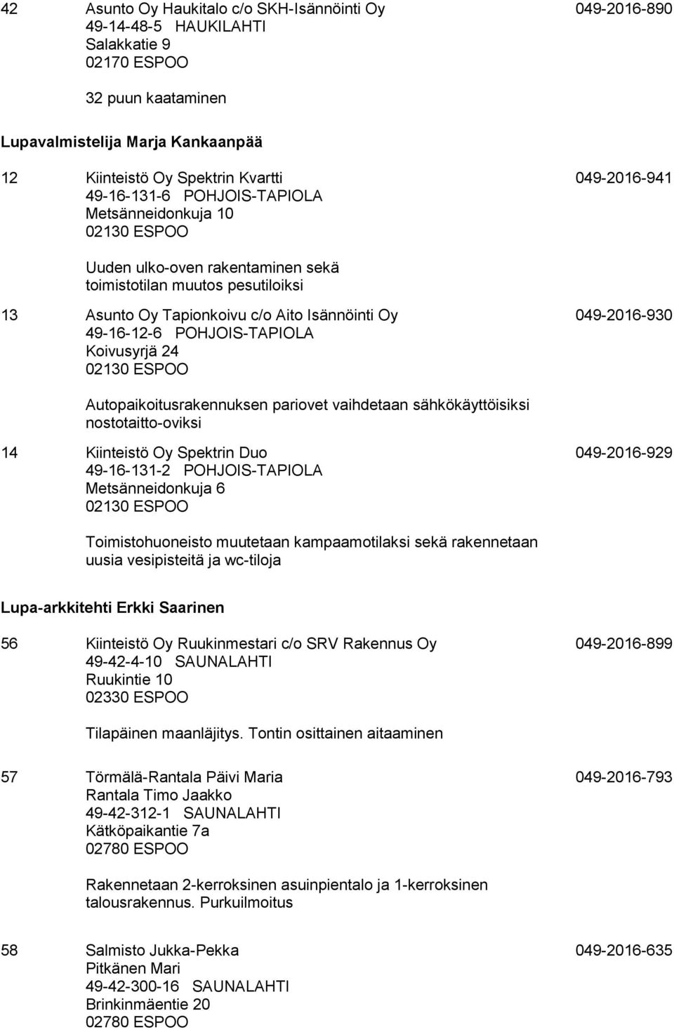 POHJOIS-TAPIOLA Koivusyrjä 24 02130 ESPOO 049-2016-930 Autopaikoitusrakennuksen pariovet vaihdetaan sähkökäyttöisiksi nostotaitto-oviksi 14 Kiinteistö Oy Spektrin Duo 49-16-131-2 POHJOIS-TAPIOLA