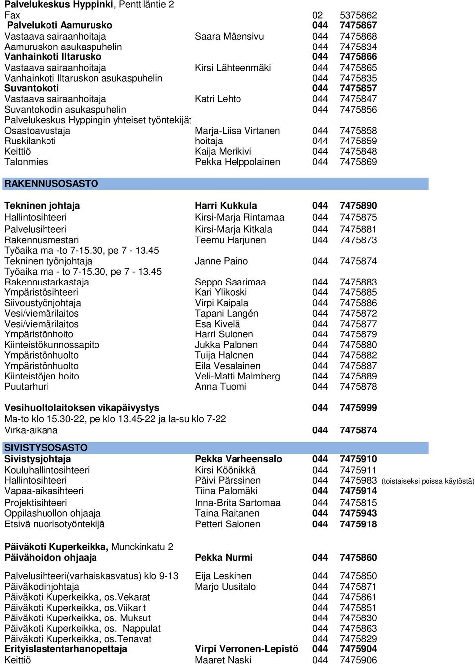 asukaspuhelin 044 7475856 Palvelukeskus Hyppingin yhteiset työntekijät Osastoavustaja Marja-Liisa Virtanen 044 7475858 Ruskilankoti hoitaja 044 7475859 Keittiö Kaija Merikivi 044 7475848 Talonmies