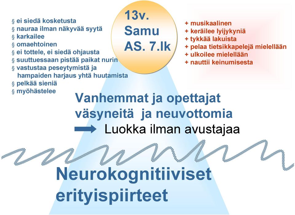 huutamista pelkää sieniä myöhästelee + musikaalinen + keräilee lyijykyniä + tykkää lakuista + pelaa tietsikkapelejä