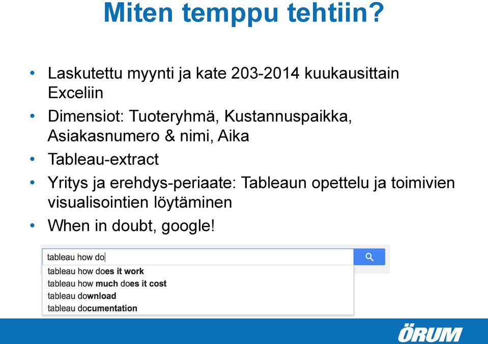 Dimensiot: Tuoteryhmä, Kustannuspaikka, Asiakasnumero & nimi, Aika