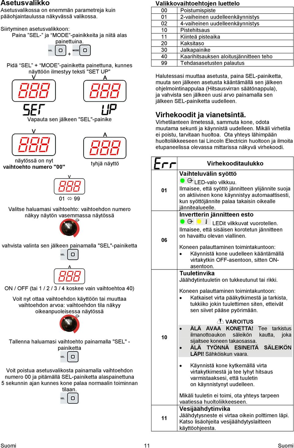 02 4-vaiheinen uudelleenkäynnistys 10 Pistehitsaus 11 Kiinteä pisteaika 20 Kaksitaso 30 Jalkapainike 40 Kaarihitsauksen aloitusjännitteen teho 99 Tehdasasetusten palautus Halutessasi muuttaa