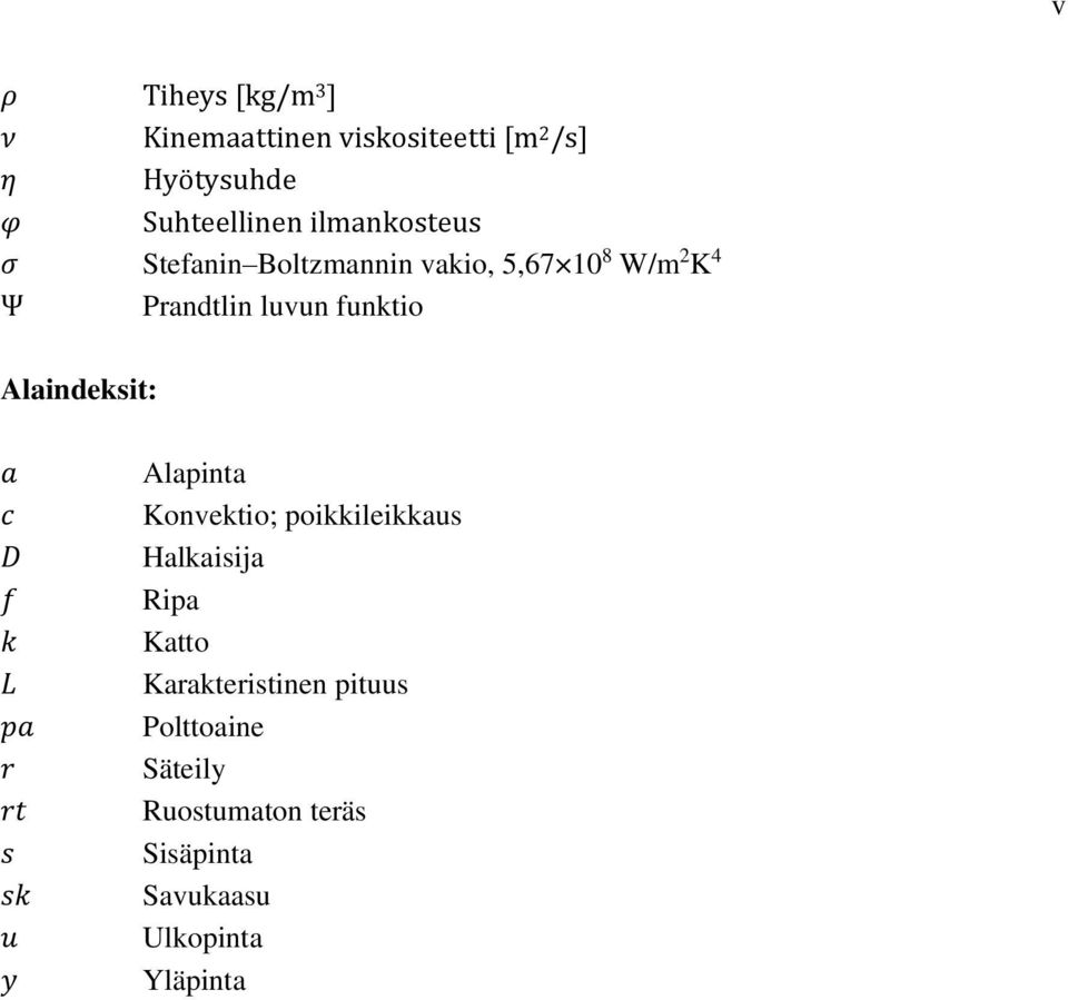 Alaindeksit: a c D f k L pa r rt s sk u y Alapinta Konvektio; poikkileikkaus Halkaisija Ripa