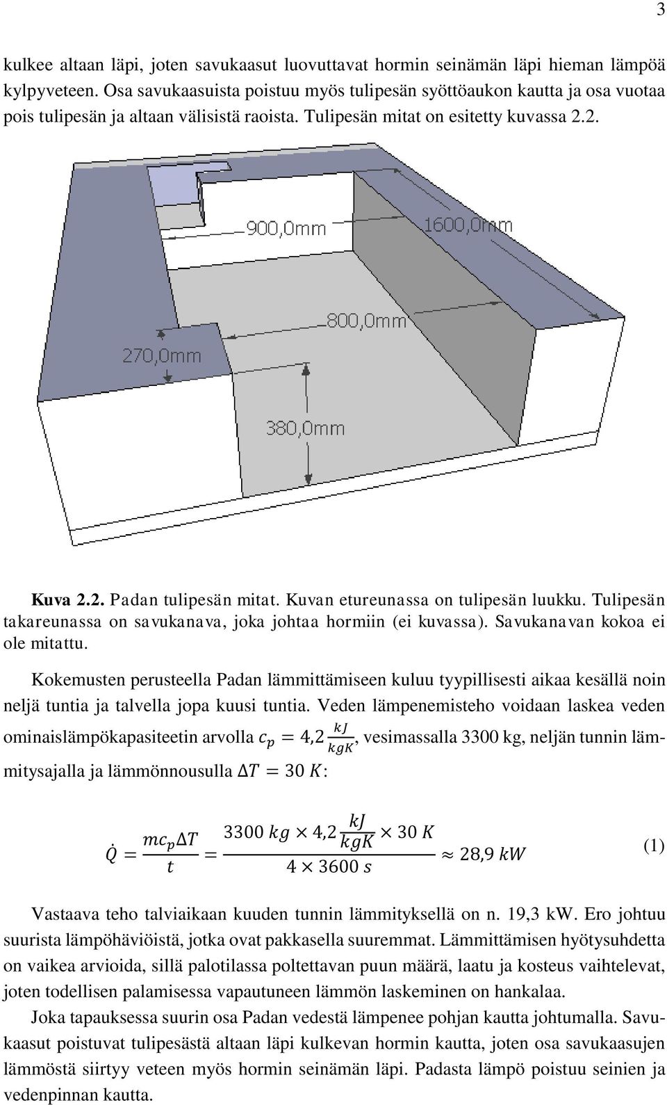 Kuvan etureunassa on tulipesän luukku. Tulipesän takareunassa on savukanava, joka johtaa hormiin (ei kuvassa). Savukanavan kokoa ei ole mitattu.