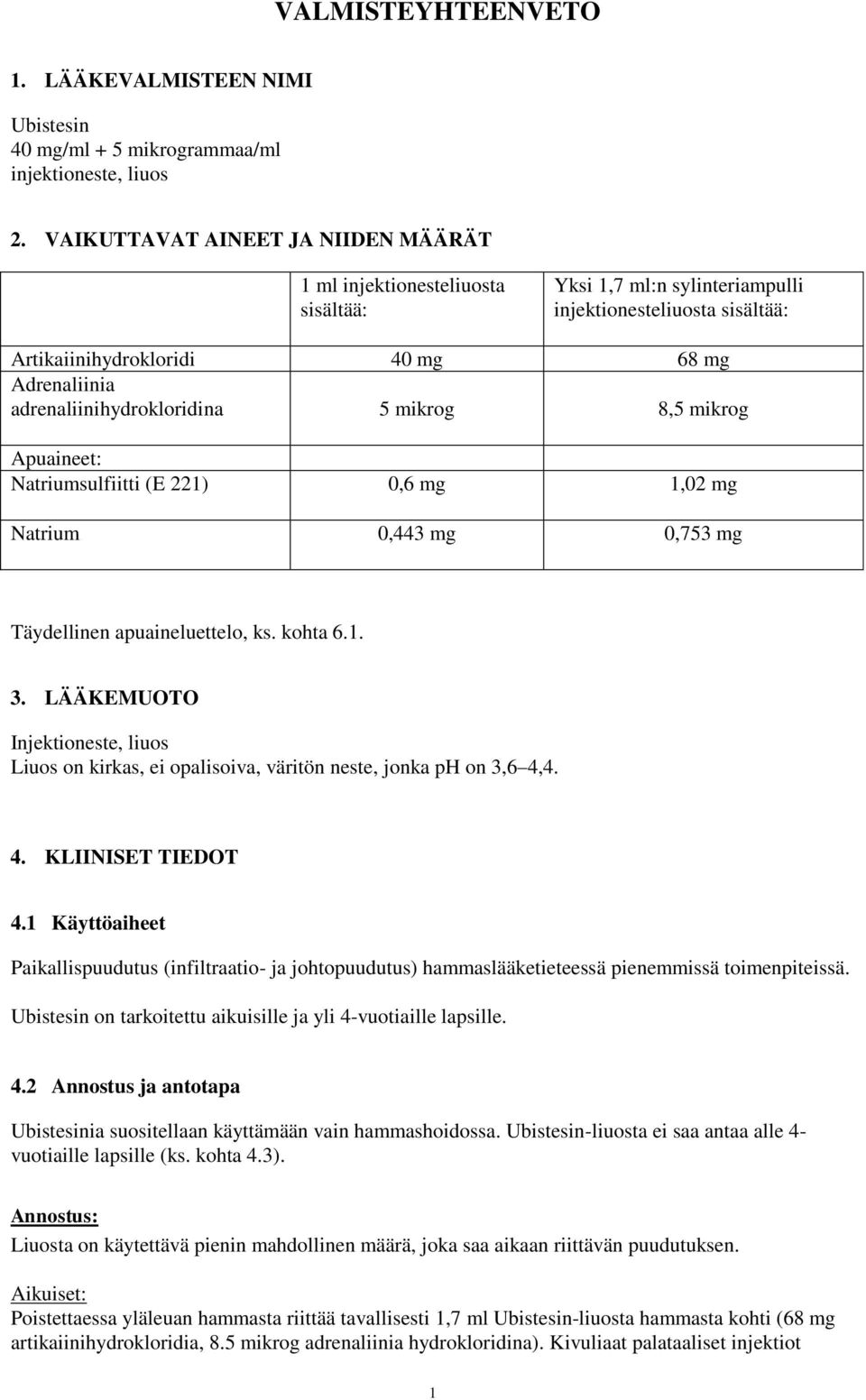 adrenaliinihydrokloridina 5 mikrog 8,5 mikrog Apuaineet: Natriumsulfiitti (E 221) 0,6 mg 1,02 mg Natrium 0,443 mg 0,753 mg Täydellinen apuaineluettelo, ks. kohta 6.1. 3.