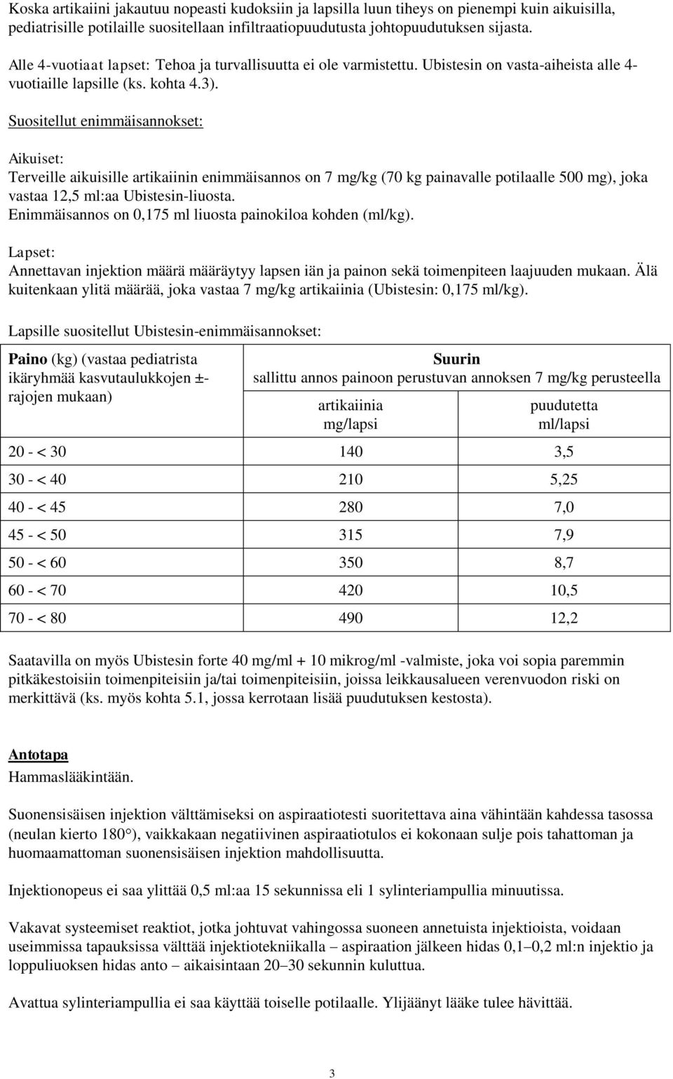 Suositellut enimmäisannokset: Aikuiset: Terveille aikuisille artikaiinin enimmäisannos on 7 mg/kg (70 kg painavalle potilaalle 500 mg), joka vastaa 12,5 ml:aa Ubistesin-liuosta.