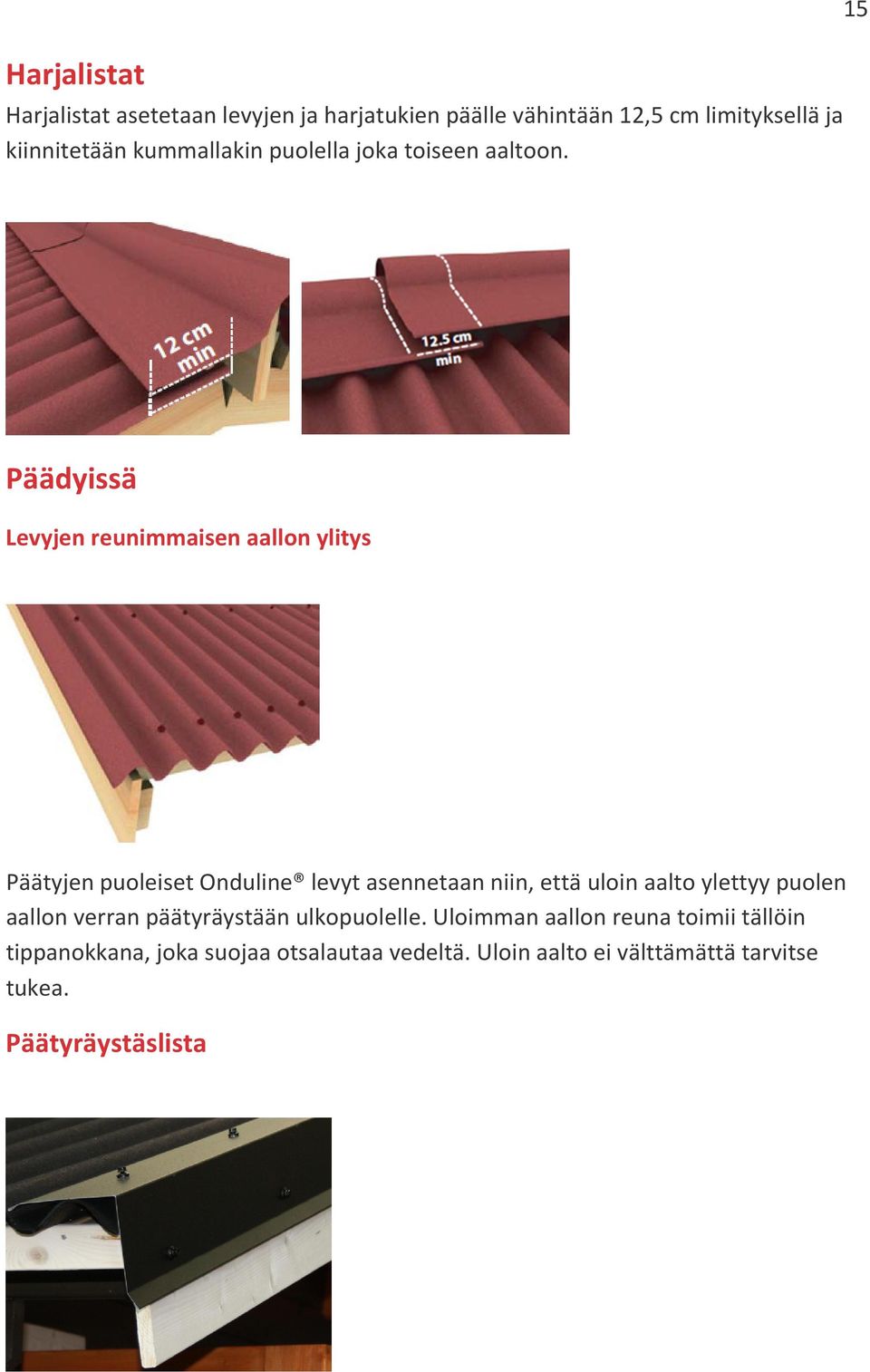 15 Päädyissä Levyjen reunimmaisen aallon ylitys Päätyjen puoleiset Onduline levyt asennetaan niin, että uloin aalto