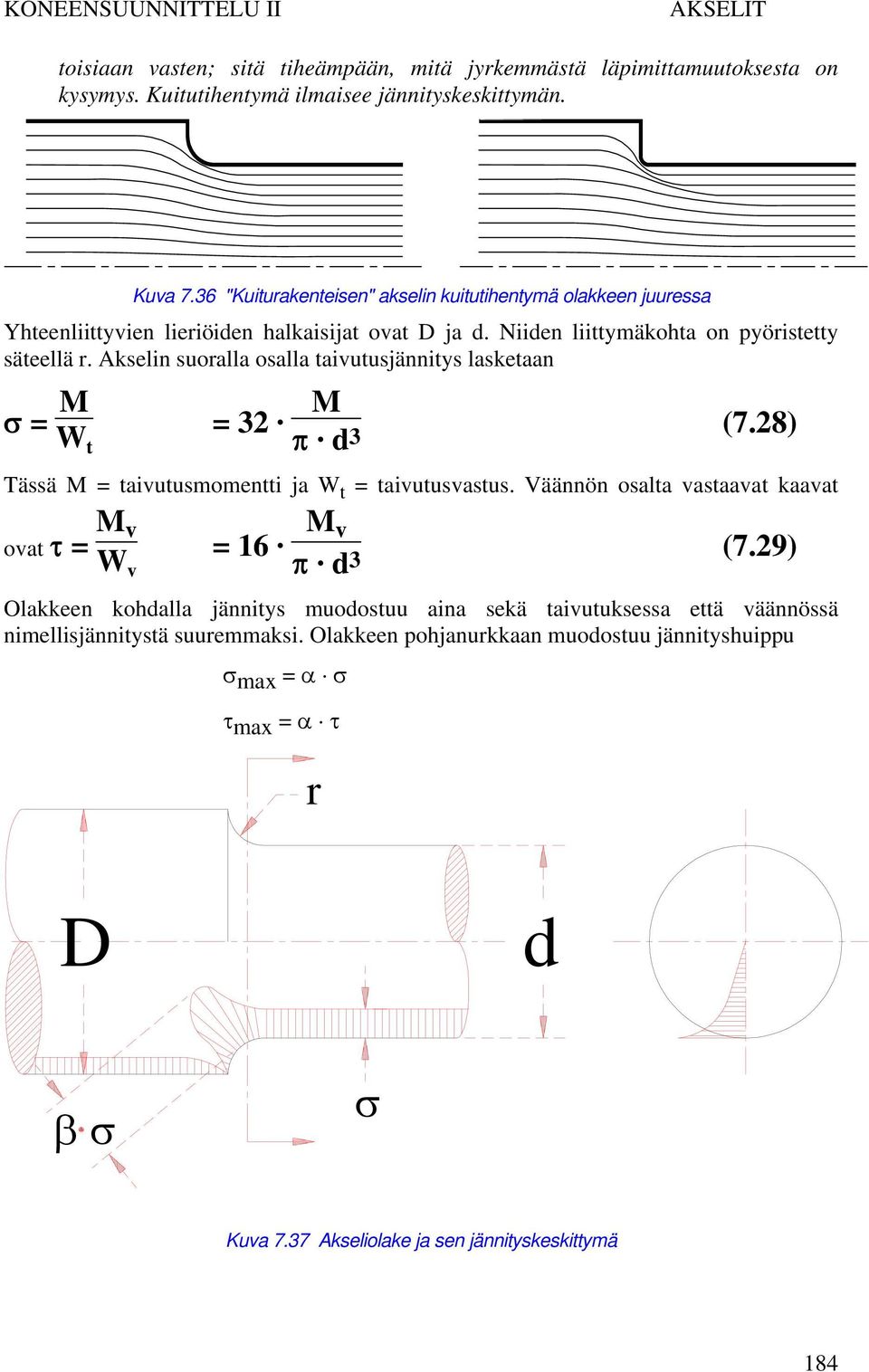 Akselin suoralla osalla taivutusjännitys lasketaan σ = M W t = 32 M π d 3 (7.28) Tässä M = taivutusmomentti ja W t = taivutusvastus.