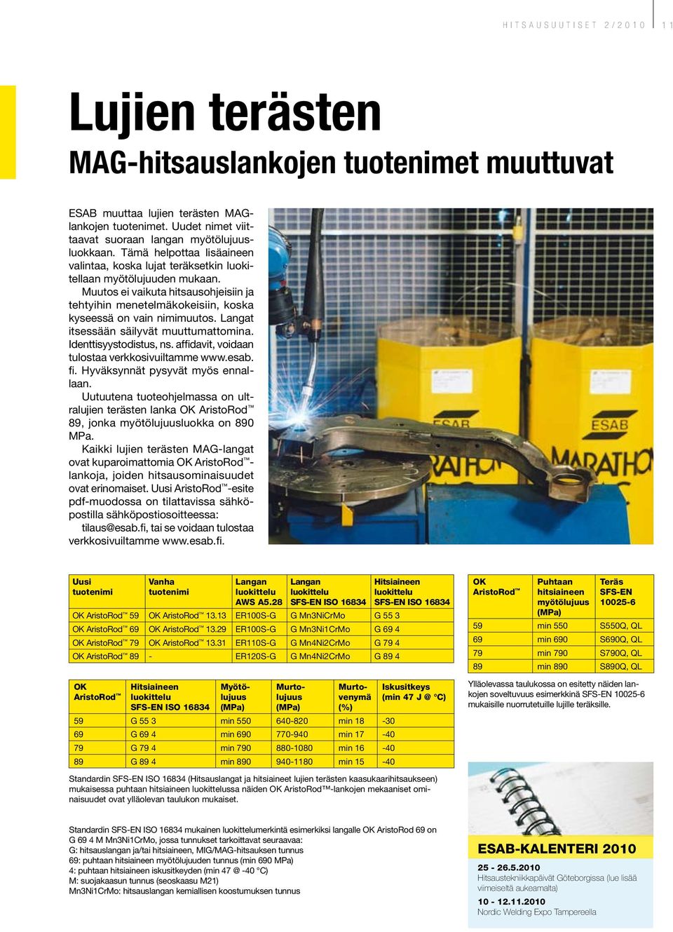 Langat itsessään säilyvät muuttumattomina. Identtisyystodistus, ns. affidavit, voidaan tulostaa verkkosivuiltamme www.esab. fi. Hyväksynnät pysyvät myös ennallaan.