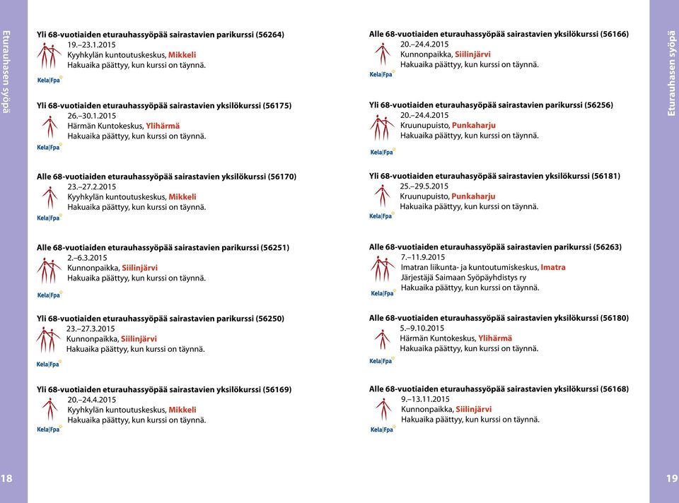 4.2015 Kunnonpaikka, Siilinjärvi Yli 68-vuotiaiden eturauhasyöpää sairastavien parikurssi (56256) 20. 24.4.2015 Eturauhasen syöpä Alle 68-vuotiaiden eturauhassyöpää sairastavien yksilökurssi (56170) 23.