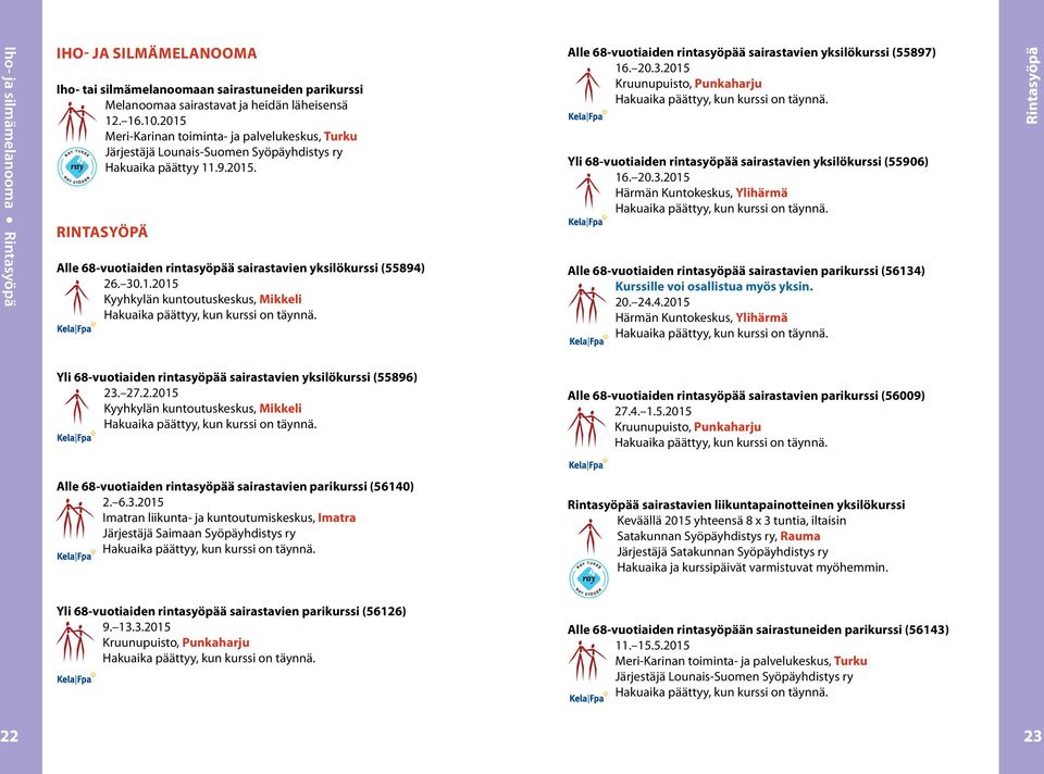 20.3.2015 Yli 68-vuotiaiden rintasyöpää sairastavien yksilökurssi (55906) 16. 20.3.2015 Härmän Kuntokeskus, Ylihärmä Alle 68-vuotiaiden rintasyöpää sairastavien parikurssi (56134)