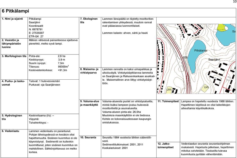 Morfologinen Pinta-ala: 2,6 ha Keskisyvyys: 3,9 m Suurin syvyys: 7,5m Tilavuus: 99300m 3 Keskivedenkorkeus: +91,3m Tulevat: 1 hulevesiviemäri Purkavat: oja Saarijärveen Lammen rannalla on kaksi