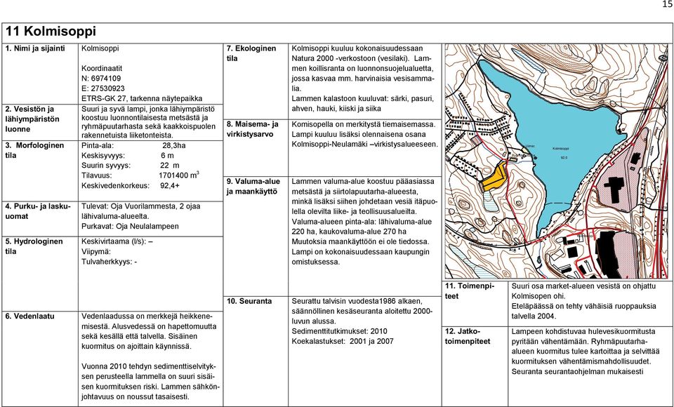 liiketonteista. Pinta-ala: 28,3ha Keskisyvyys: 6 m Suurin syvyys: 22 m Tilavuus: 1701400 m 3 Keskivedenkorkeus: 92,4+ Tulevat: Oja Vuorilammesta, 2 ojaa lähivaluma-alueelta.