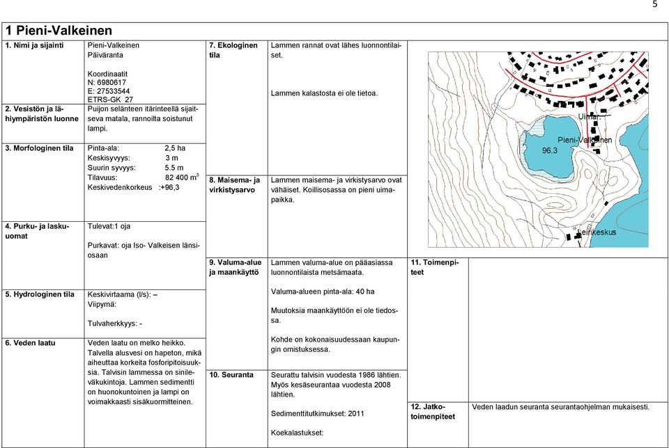 Morfologinen Pinta-ala: 2,5 ha Keskisyvyys: 3 m Suurin syvyys: 5.5 m Tilavuus: 82 400 m 3 Keskivedenkorkeus :+96,3 Lammen maisema- ja ovat vähäiset. Koillisosassa on pieni uimapaikka.