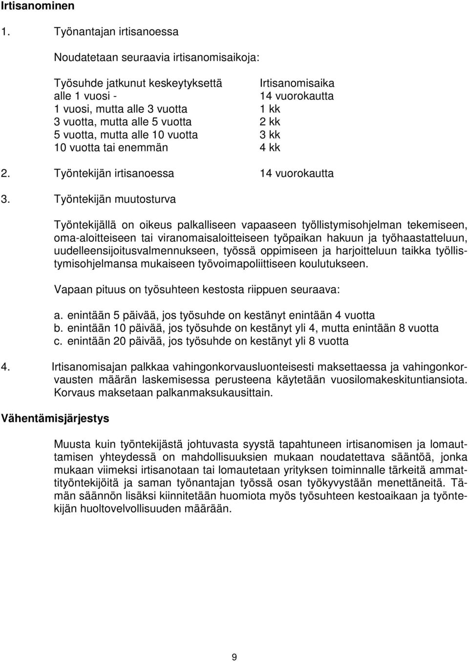 5 vuotta 2 kk 5 vuotta, mutta alle 10 vuotta 3 kk 10 vuotta tai enemmän 4 kk 2. Työntekijän irtisanoessa 14 vuorokautta 3.