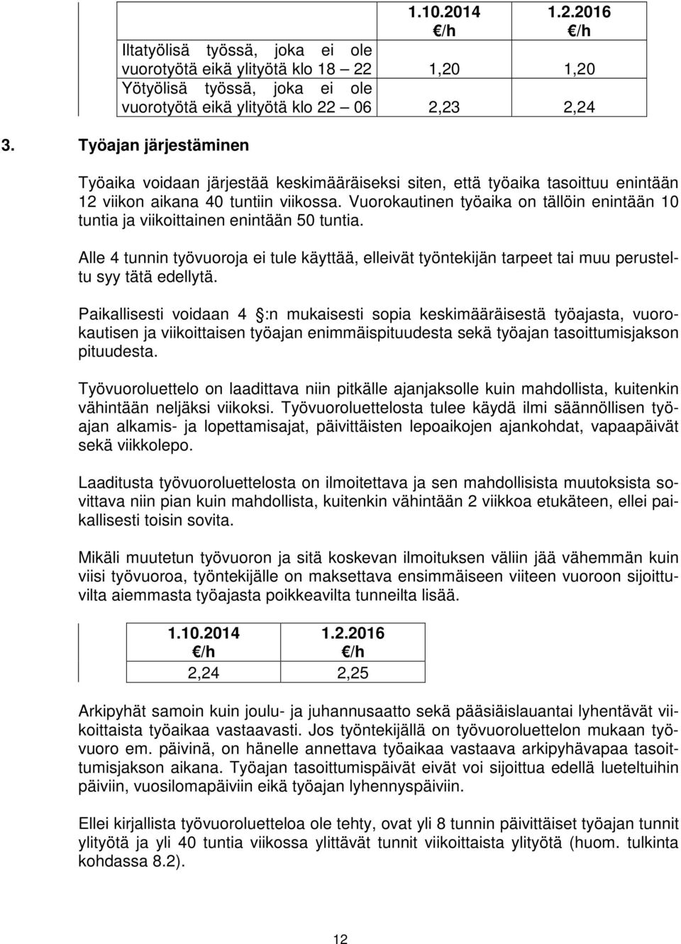 Vuorokautinen työaika on tällöin enintään 10 tuntia ja viikoittainen enintään 50 tuntia. Alle 4 tunnin työvuoroja ei tule käyttää, elleivät työntekijän tarpeet tai muu perusteltu syy tätä edellytä.