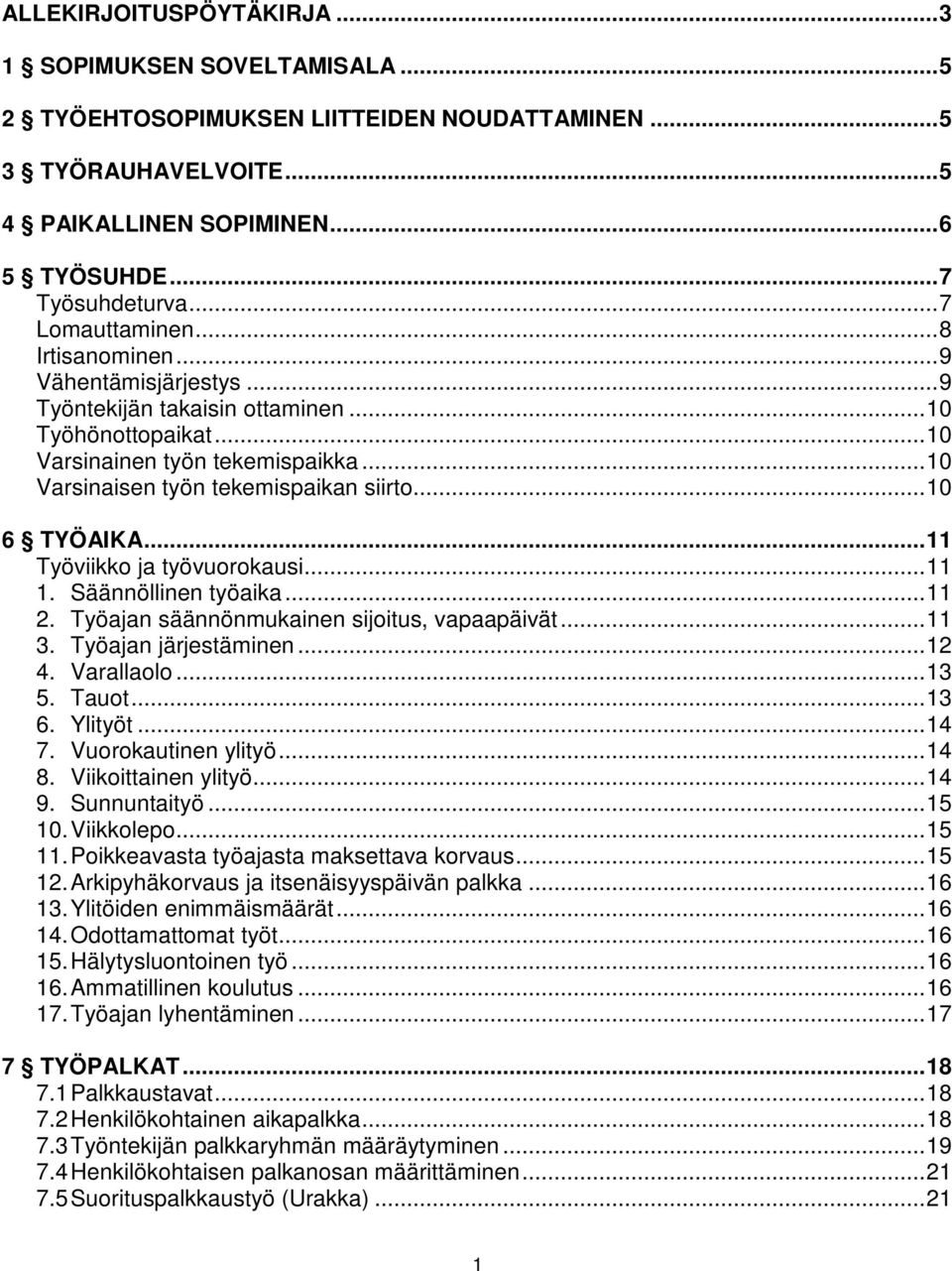 .. 10 Varsinaisen työn tekemispaikan siirto... 10 6 TYÖAIKA... 11 Työviikko ja työvuorokausi... 11 1. Säännöllinen työaika... 11 2. Työajan säännönmukainen sijoitus, vapaapäivät... 11 3.