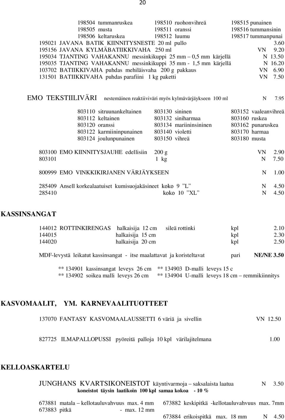 20 103702 BATIIKKIVAHA puhdas mehiläisvaha 200 g pakkaus VN 6.90 131501 BATIIKKIVAHA puhdas parafiini 1 kg paketti VN 7.50 EMO TEKSTIILIVÄRI nestemäinen reaktiiviväri myös kylmävärjäykseen 100 ml N 7.