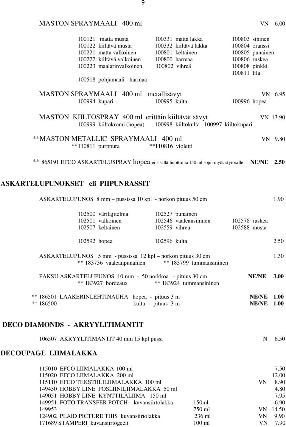 100800 harmaa 100806 ruskea 100223 maalarinvalkoinen 100802 vihreä 100808 pinkki 100811 lila 100518 pohjamaali - harmaa MASTON SPRAYMAALI 400 ml metallisävyt VN 6.