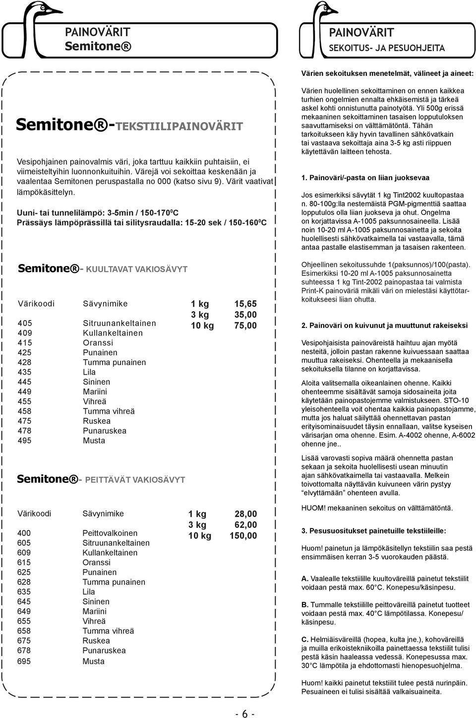 Uuni- tai tunnelilämpö: 3-5min / 150-170 0 C Prässäys lämpöprässillä tai silitysraudalla: 15-20 sek / 150-0 0 C Värien huolellinen sekoittaminen on ennen kaikkea turhien ongelmien ennalta