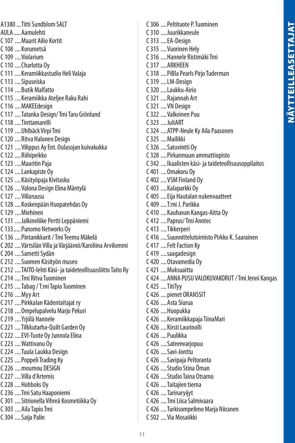 .. Ritva Halonen Design C 121... Vilippus Ay Ent. Oulasojan kuivakukka C 122... Riihipeikko C 123... Maaritin Paja C 124... Lankapiste Oy C 125... Käsityöpaja Kivitasku C 126.