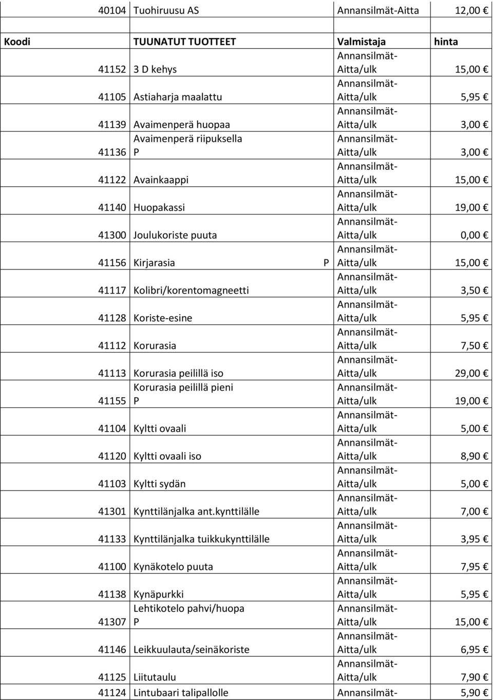 Kolibri/korentomagneetti Aitta/ulk 3,50 41128 Koriste-esine Aitta/ulk 5,95 41112 Korurasia Aitta/ulk 7,50 41113 Korurasia peilillä iso Aitta/ulk 29,00 Korurasia peilillä pieni 41155 P Aitta/ulk 19,00