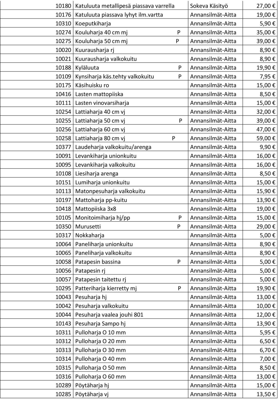 8,90 10188 Kyläluuta P Aitta 19,90 10109 Kynsiharja käs.