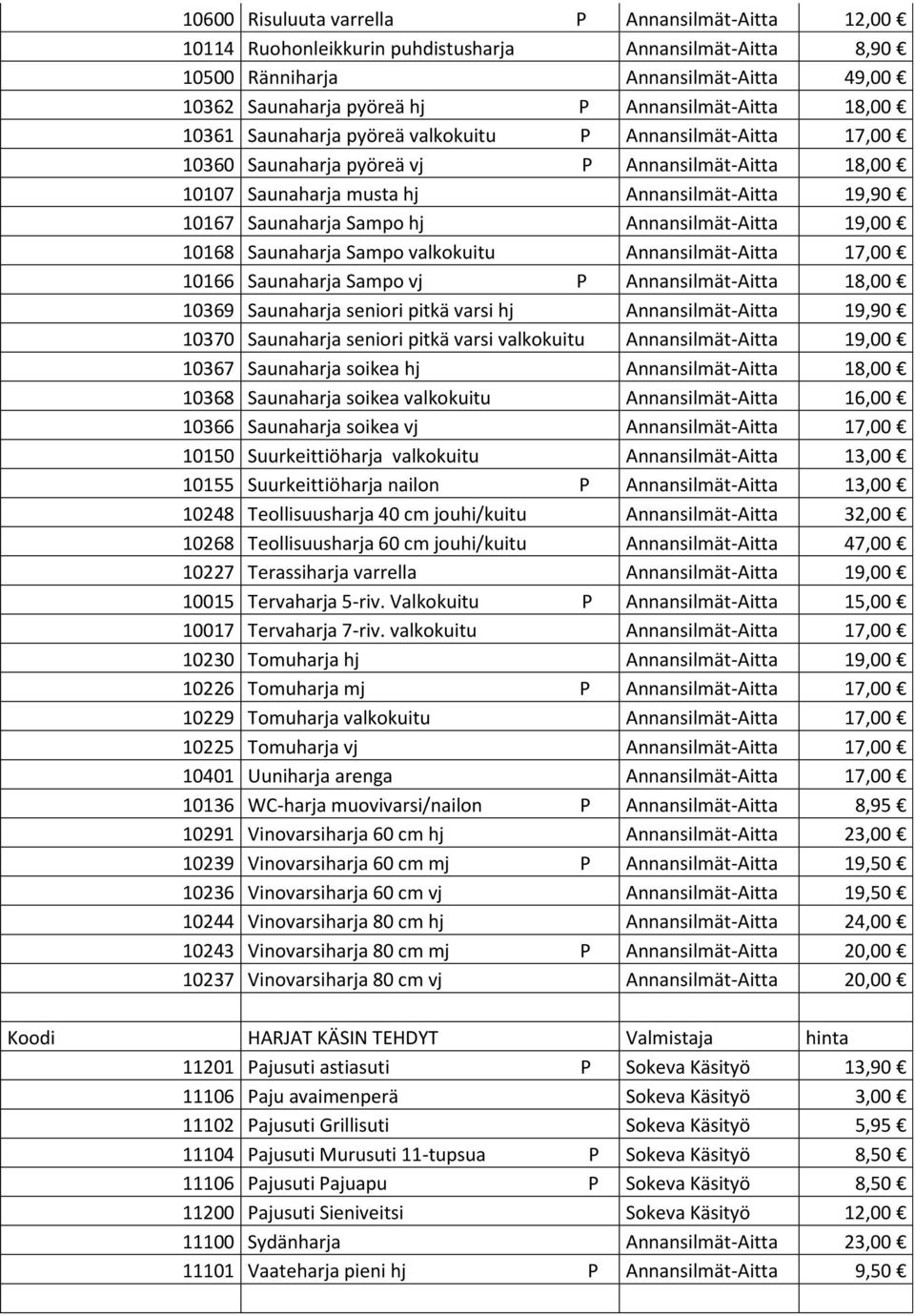 Aitta 18,00 10369 Saunaharja seniori pitkä varsi hj Aitta 19,90 10370 Saunaharja seniori pitkä varsi valkokuitu Aitta 19,00 10367 Saunaharja soikea hj Aitta 18,00 10368 Saunaharja soikea valkokuitu