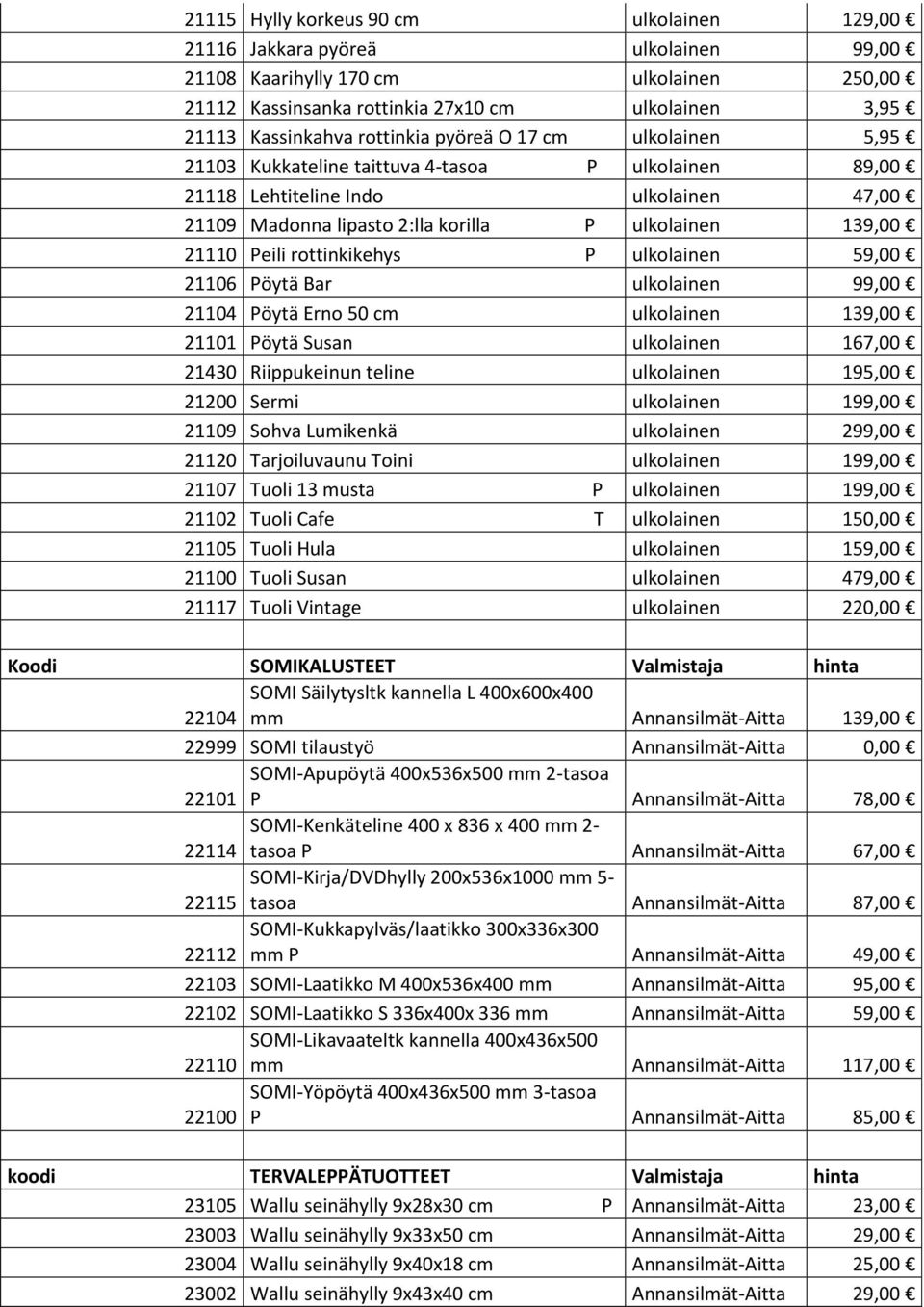 Peili rottinkikehys P ulkolainen 59,00 21106 Pöytä Bar ulkolainen 99,00 21104 Pöytä Erno 50 cm ulkolainen 139,00 21101 Pöytä Susan ulkolainen 167,00 21430 Riippukeinun teline ulkolainen 195,00 21200