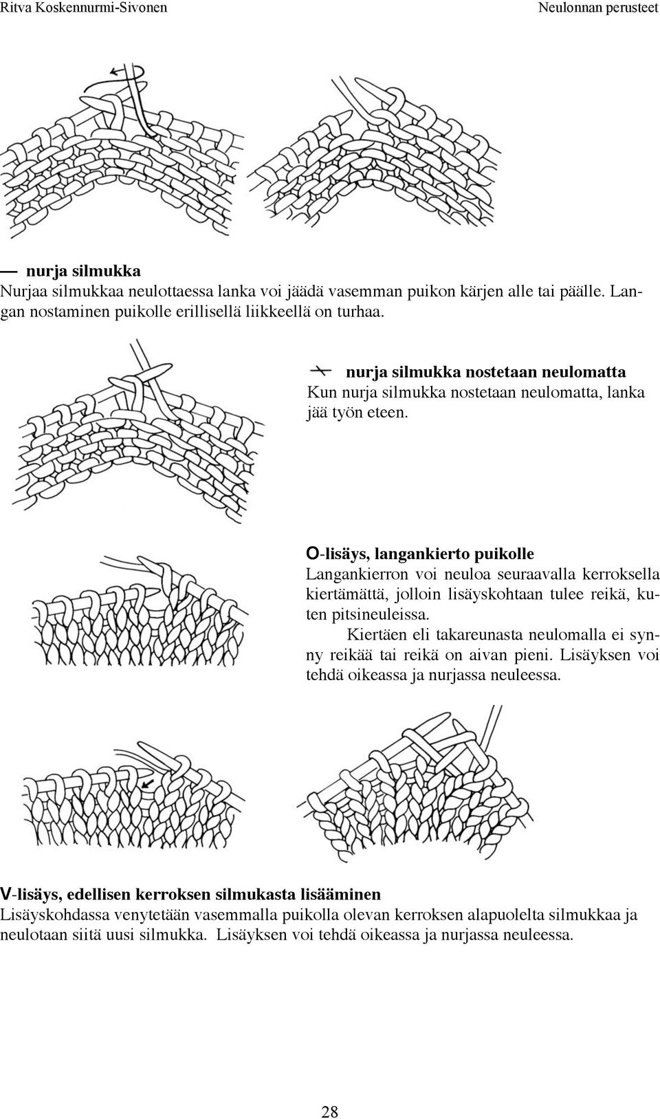 O-lisäys, langankierto puikolle Langankierron voi neuloa seuraavalla kerroksella kiertämättä, jolloin lisäyskohtaan tulee reikä, kuten pitsineuleissa.