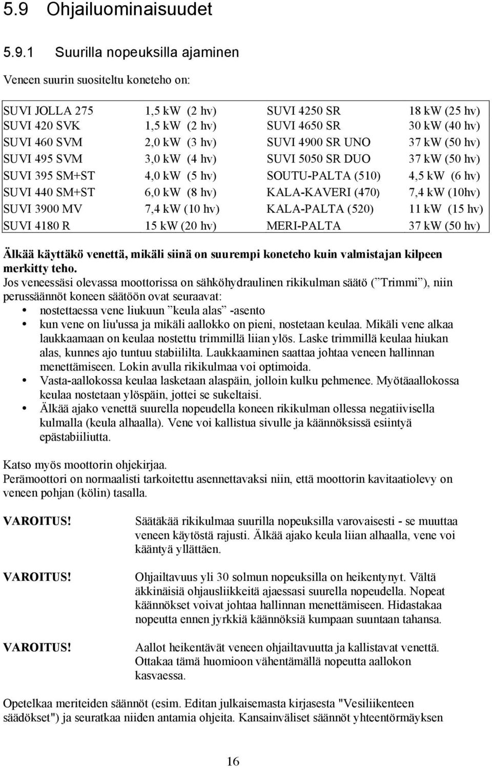 6,0 kw (8 hv) KALA-KAVERI (470) 7,4 kw (10hv) SUVI 3900 MV 7,4 kw (10 hv) KALA-PALTA (520) 11 kw (15 hv) SUVI 4180 R 15 kw (20 hv) MERI-PALTA 37 kw (50 hv) Älkää käyttäkö venettä, mikäli siinä on