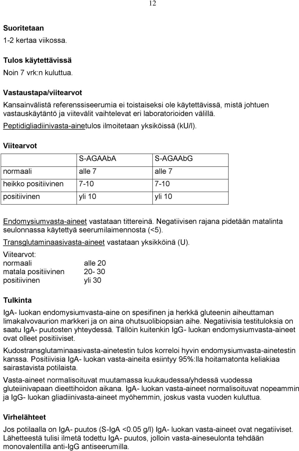 Peptidigliadiinivasta-ainetulos ilmoitetaan yksiköissä (ku/l).