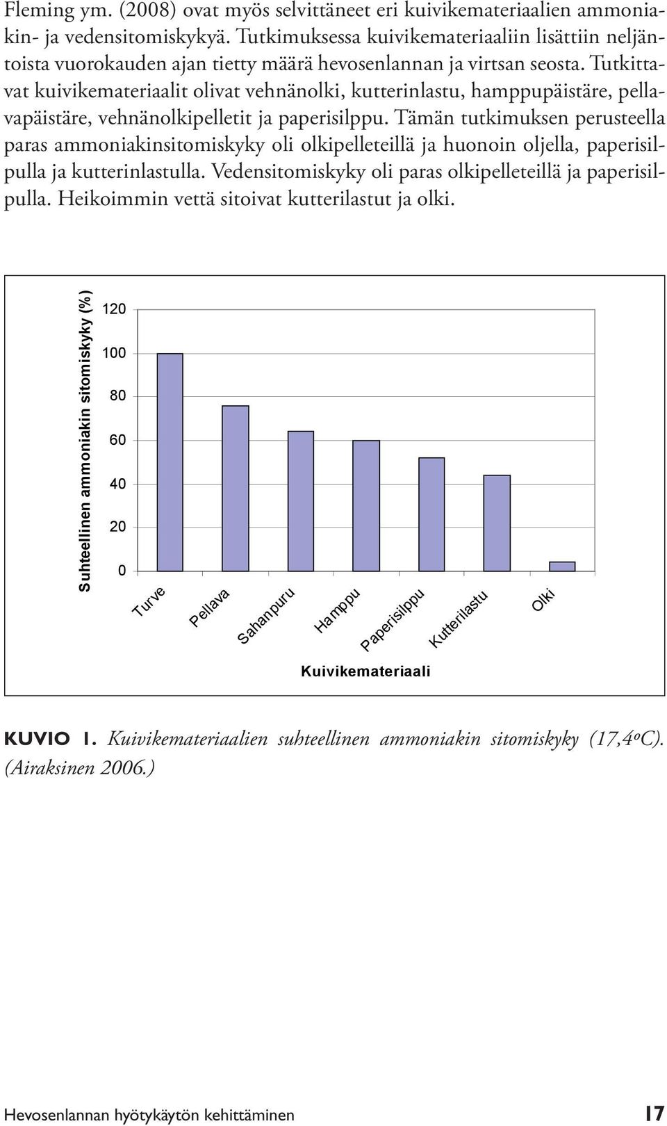 Tutkittavat kuivikemateriaalit olivat vehnänolki, kutterinlastu, hamppupäistäre, pellavapäistäre, vehnänolkipelletit ja paperisilppu.