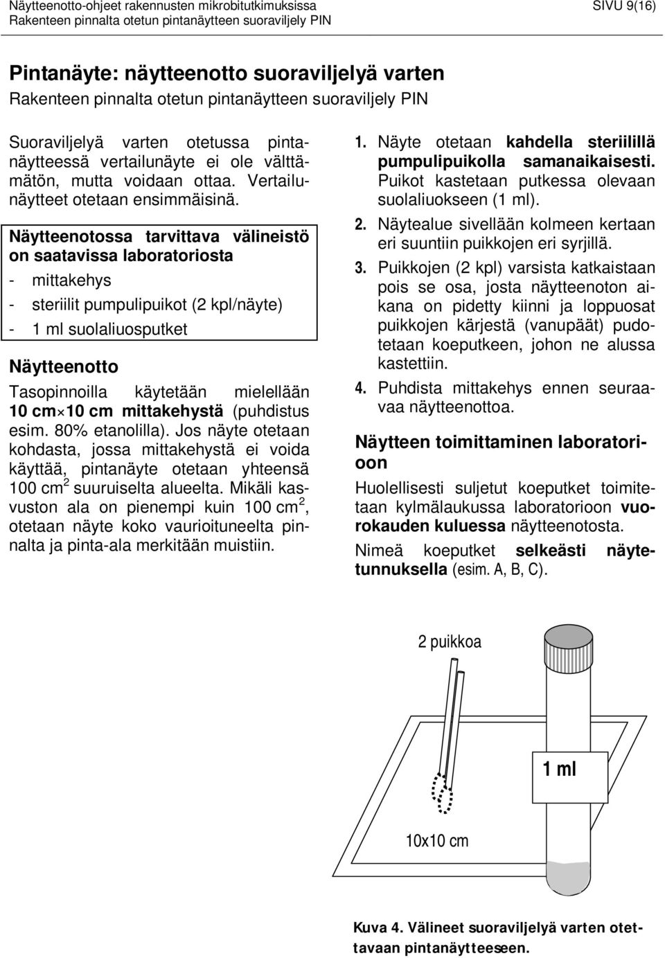 Näytteenotossa tarvittava välineistö on saatavissa laboratoriosta - mittakehys - steriilit pumpulipuikot (2 kpl/näyte) - 1 ml suolaliuosputket Näytteenotto Tasopinnoilla käytetään mielellään 10 cm 10