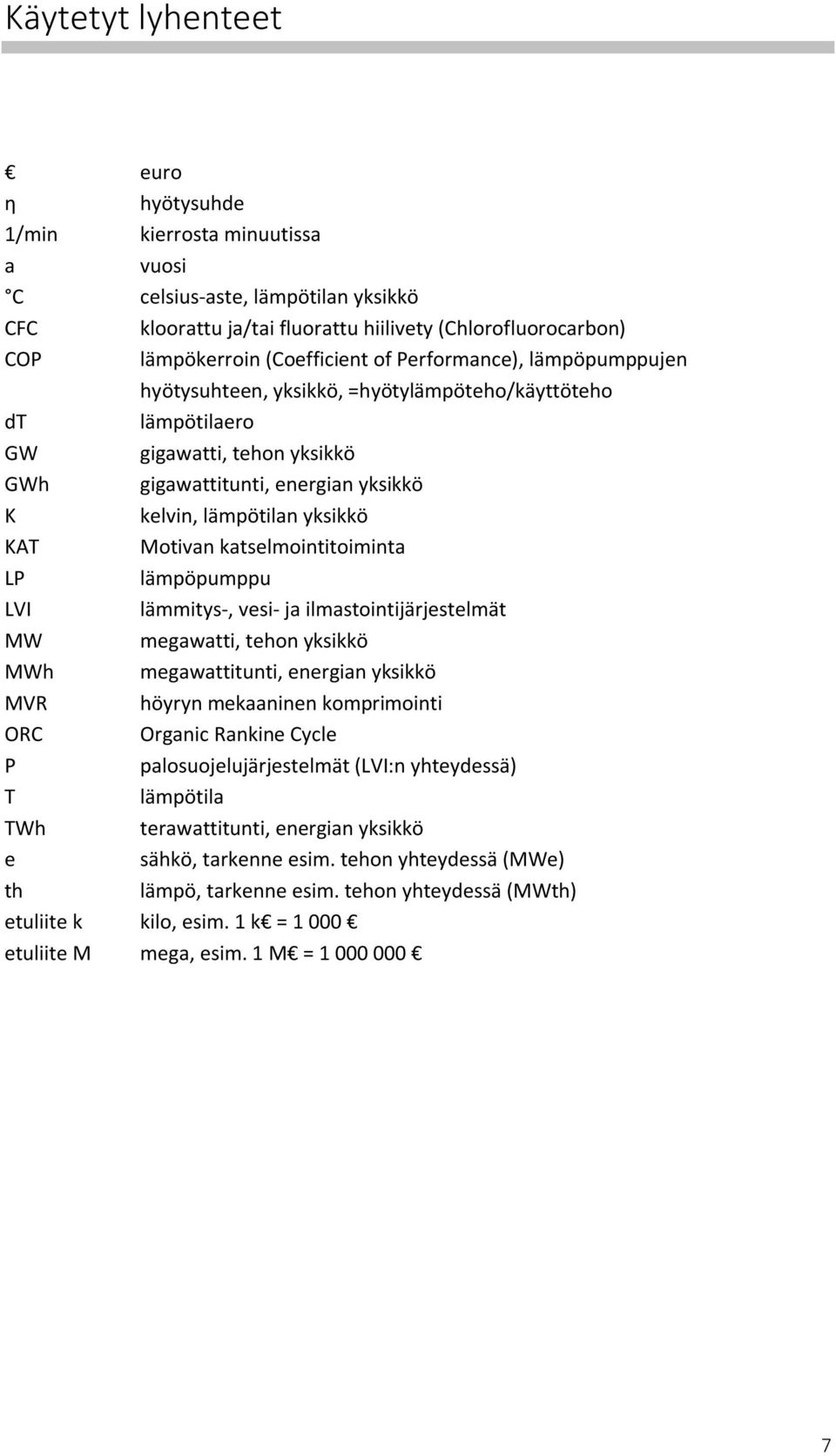 Motivan katselmointitoiminta LP lämpöpumppu LVI lämmitys-, vesi- ja ilmastointijärjestelmät MW megawatti, tehon yksikkö MWh megawattitunti, energian yksikkö MVR höyryn mekaaninen komprimointi ORC