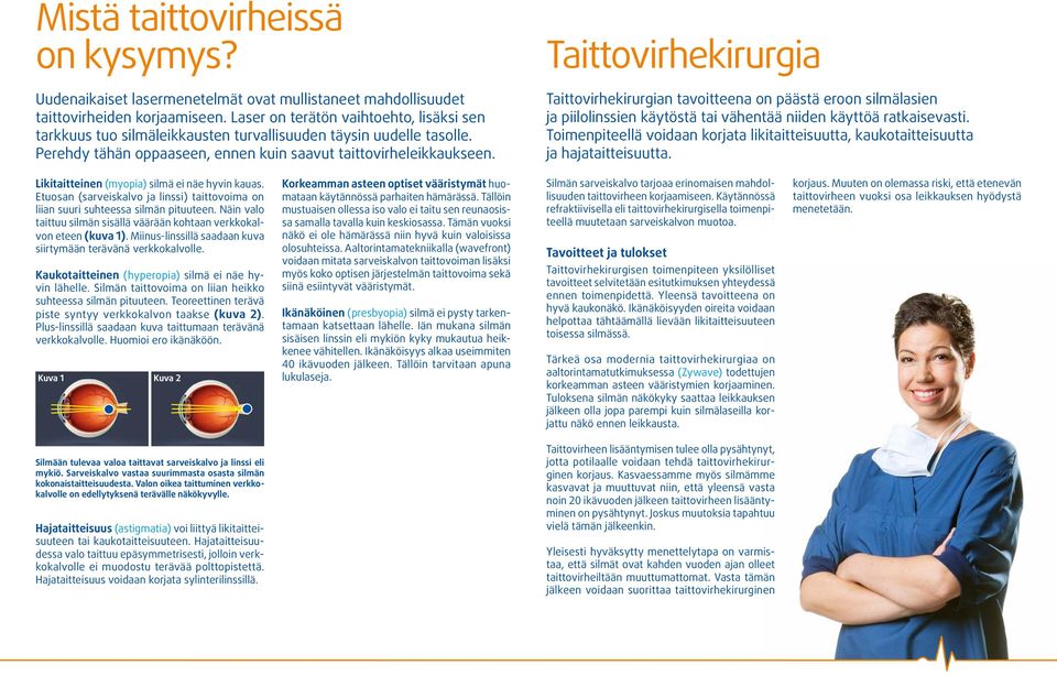 Taittovirhekirurgia Taittovirhekirurgian tavoitteena on päästä eroon silmälasien ja piilolinssien käytöstä tai vähentää niiden käyttöä ratkaisevasti.