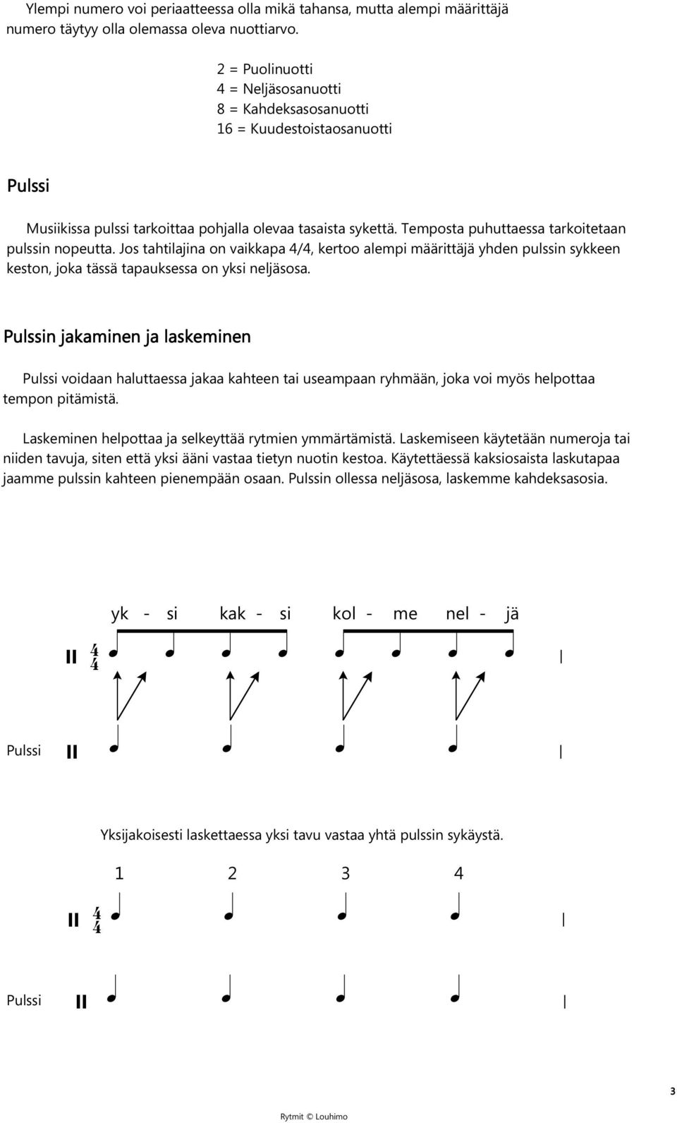 Temposta puhuttaessa tarkoitetaan pulssin nopeutta. Jos tahtilajina on vaikkapa 4/4, kertoo alempi määrittäjä yhden pulssin sykkeen keston, joka tässä tapauksessa on yksi neljäsosa.