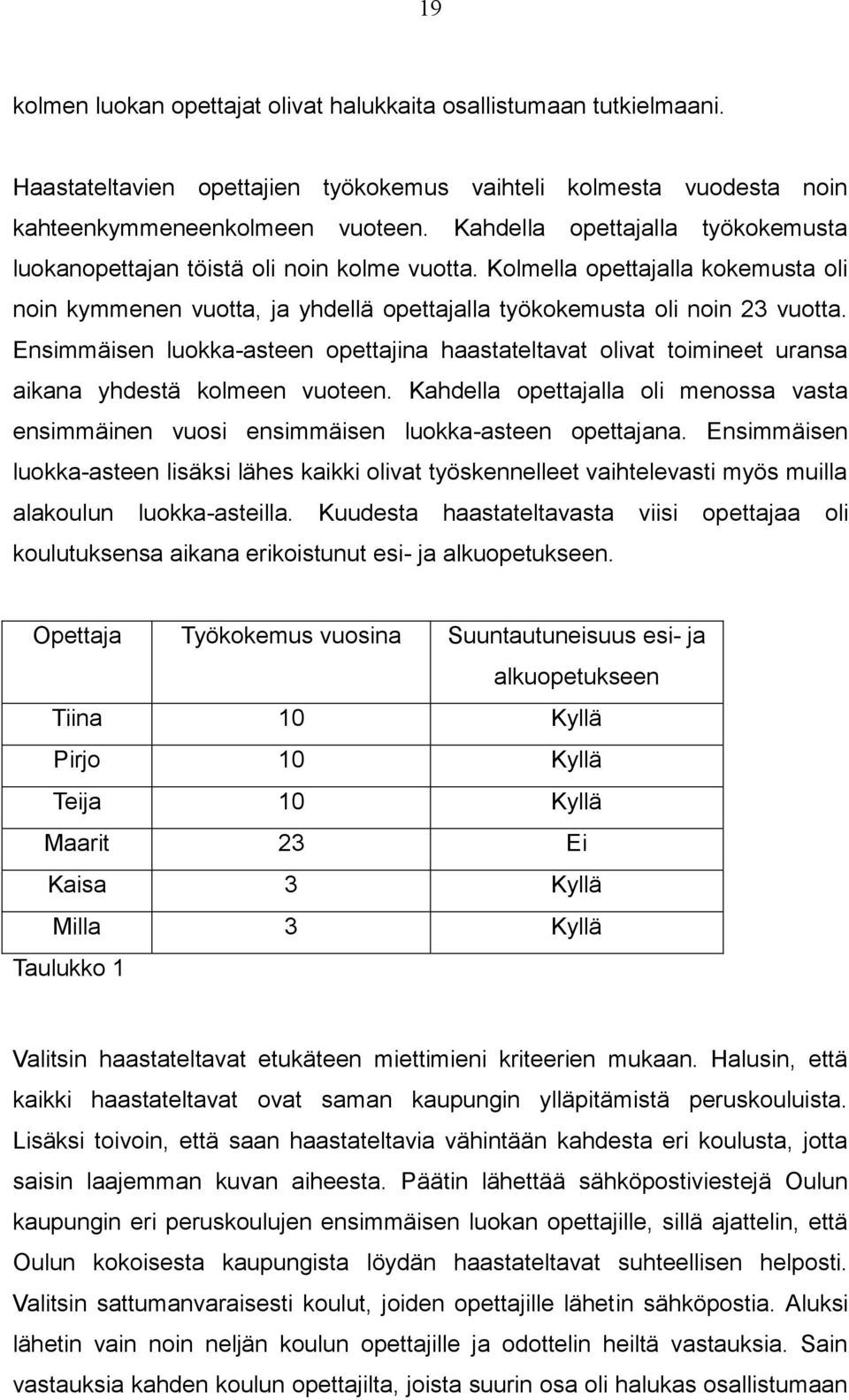 Ensimmäisen luokka-asteen opettajina haastateltavat olivat toimineet uransa aikana yhdestä kolmeen vuoteen.