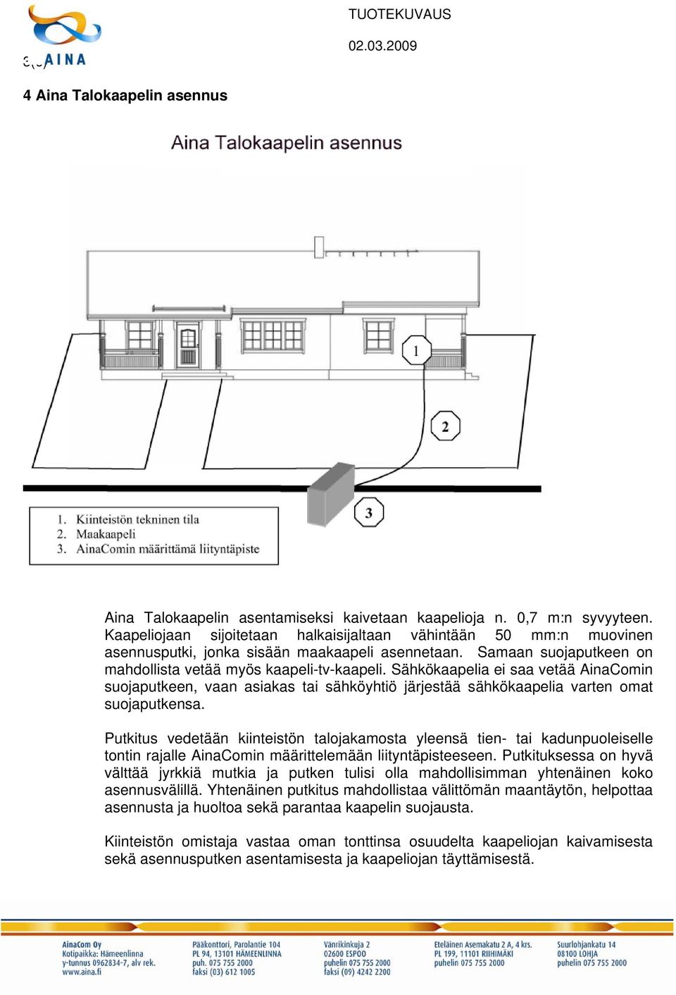Sähkökaapelia ei saa vetää AinaComin suoputkeen, vaan asiakas tai sähköyhtiö järjestää sähkökaapelia varten omat suoputkensa.