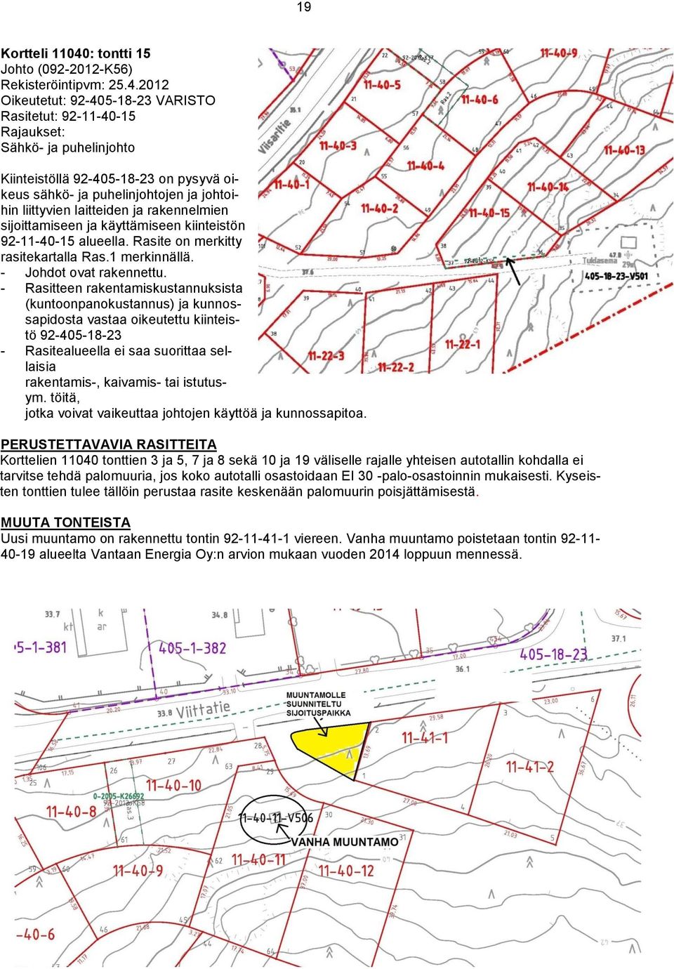 2012 Oikeutetut: 92-405-18-23 VARISTO Rasitetut: 92-11-40-15 Rajaukset: Sähkö- ja puhelinjohto Kiinteistöllä 92-405-18-23 on pysyvä oikeus sähkö- ja puhelinjohtojen ja johtoihin liittyvien laitteiden