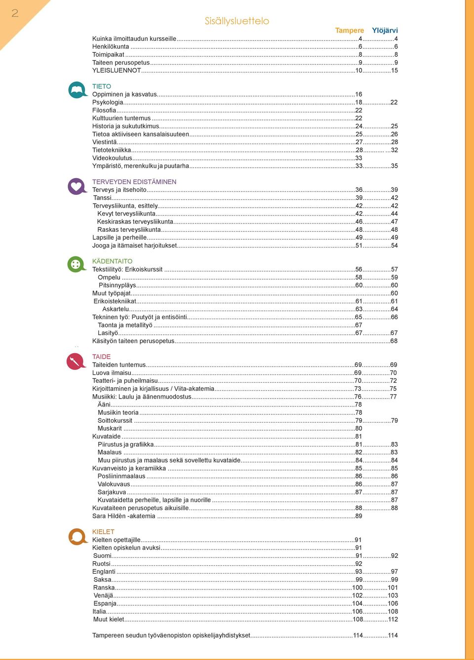 ..33 Ympäristö, merenkulku ja puutarha...33...35 TERVEYDEN EDISTÄMINEN Terveys ja itsehoito...36...39 Tanssi...39...42 Terveysliikunta, esittely...42...42 Kevyt terveysliikunta...42...44 Keskiraskas terveysliikunta.