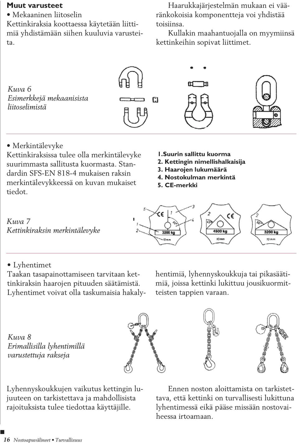 Kuva 6 Esimerkkejä mekaanisista liitoselimistä Merkintälevyke Kettinkiraksissa tulee olla merkintälevyke suurimmasta sallitusta kuormasta.