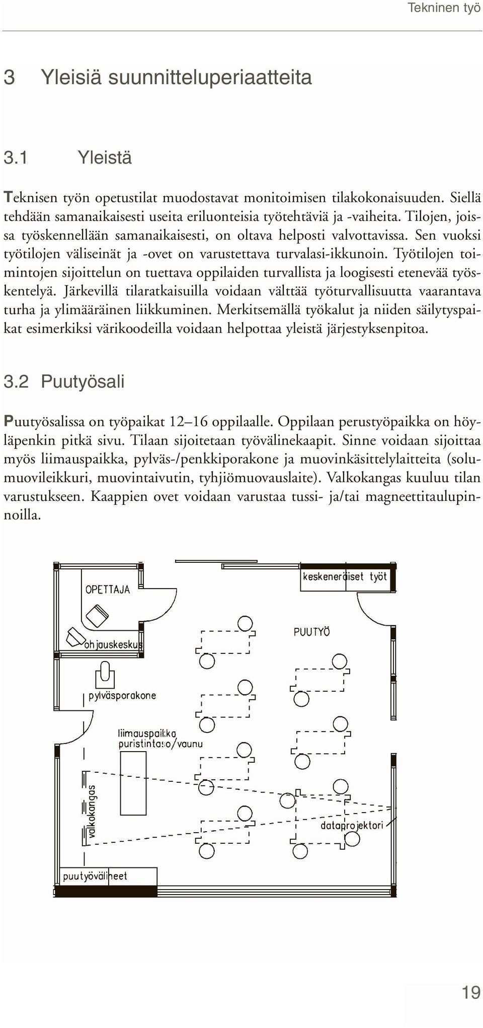 Sen vuoksi työtilojen väliseinät ja -ovet on varustettava turvalasi-ikkunoin. Työtilojen toimintojen sijoittelun on tuettava oppilaiden turvallista ja loogisesti etenevää työskentelyä.