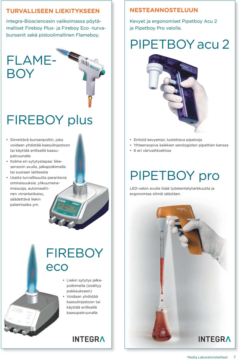 PIPETBOY acu 2 FIREBOY plus Siirrettävä bunsenpoltin, joka voidaan yhdistää kaasulinjastoon tai käyttää erillisellä kaasupatruunalla Kolme eri sytytystapaa: liikesensorin avulla, jalkapolkimella tai