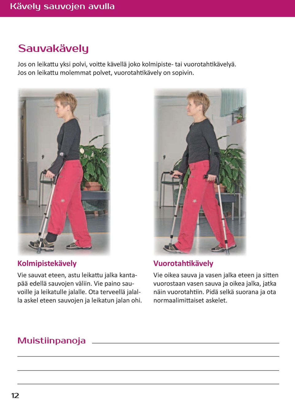 Kolmipistekävely Vie sauvat eteen, astu leikattu jalka kantapää edellä sauvojen väliin. Vie paino sauvoille ja leikatulle jalalle.