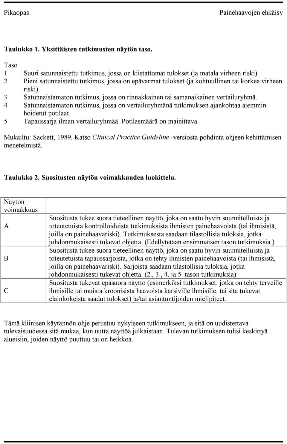 4 Satunnaistamaton tutkimus, jossa on vertailuryhmänä tutkimuksen ajankohtaa aiemmin hoidetut potilaat. 5 Tapaussarja ilman vertailuryhmää. Potilasmäärä on mainittava. Mukailtu: Sackett, 1989.