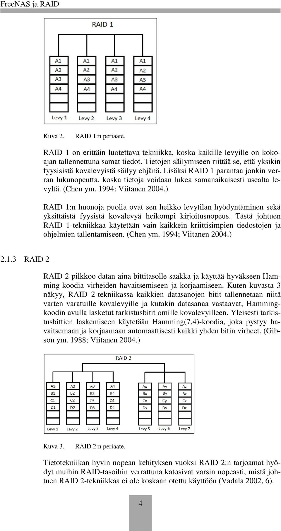 (Chen ym. 1994; Viitanen 2004.) RAID 1:n huonoja puolia ovat sen heikko levytilan hyödyntäminen sekä yksittäistä fyysistä kovalevyä heikompi kirjoitusnopeus.