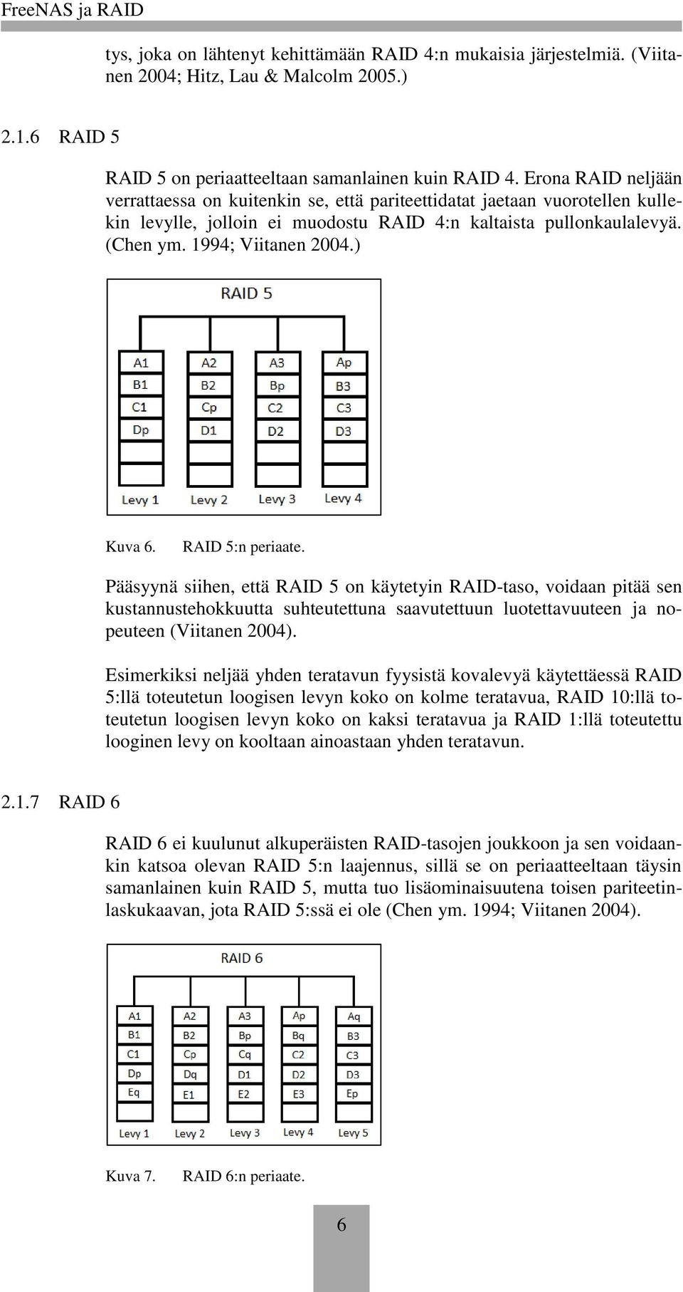 ) Kuva 6. RAID 5:n periaate. Pääsyynä siihen, että RAID 5 on käytetyin RAID-taso, voidaan pitää sen kustannustehokkuutta suhteutettuna saavutettuun luotettavuuteen ja nopeuteen (Viitanen 2004).