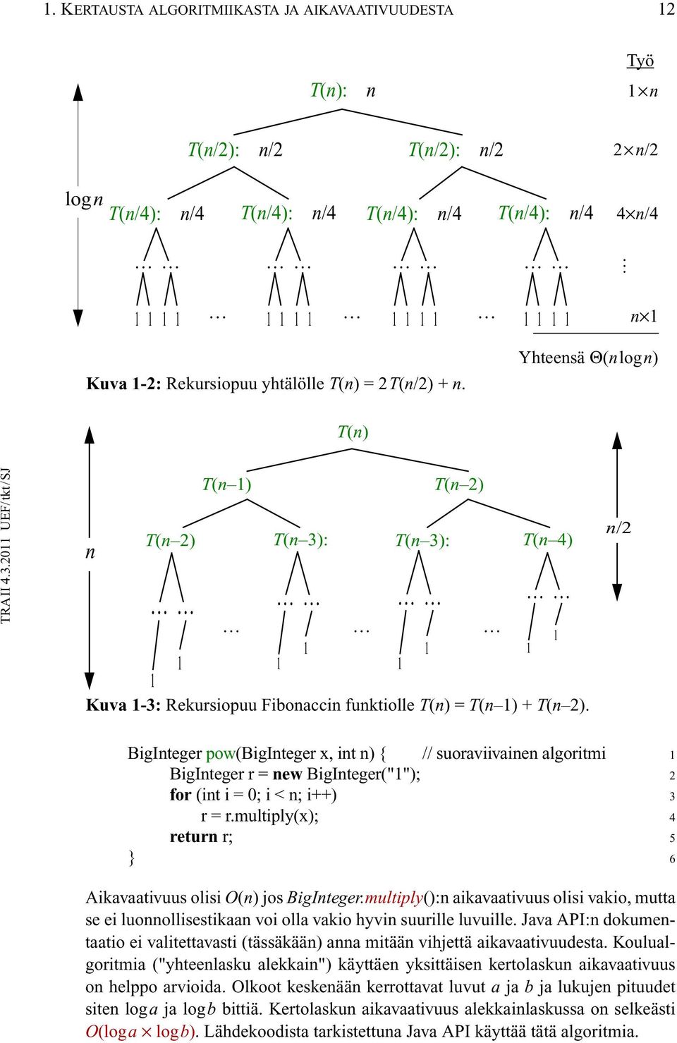 n/2 BigInteger pow(biginteger x, int n) { // suoraviivainen algoritmi 1 BigInteger r = new BigInteger("1"); 2 for (int i = 0; i < n; i++) 3 r = r.